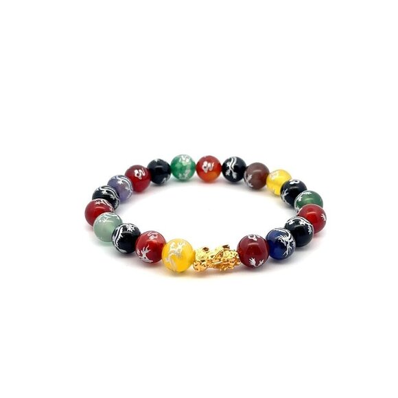 18K Gold Dragon Pixiu Piyao Lucky Charm Bracelet Gemstones Agate Multicolor 8mm - Picture 1 of 5